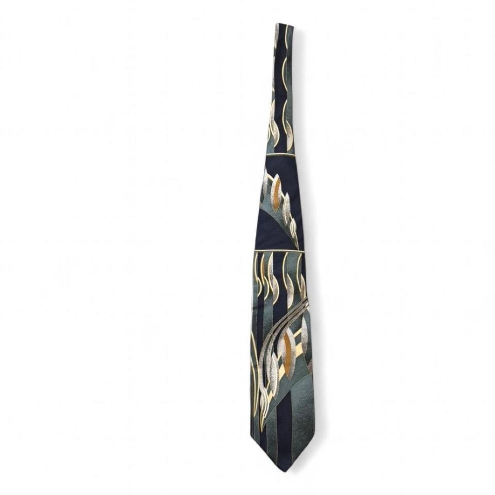 Vintage 90s John Blair Black, Gray &‎ Gold Abstract Geometric 100% Silk Tie